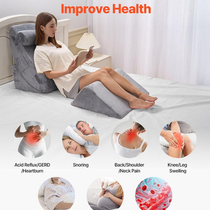Wedge Pillow for Sleeping, 4 Pcs Adjustable Orthopedic Bed Wedge Set, Support Leg Neck Shoulder, Post Surgery Pillow for Back Pain, Acid Reflux, Snoring Relief, Sitting up in Bed, Dark Grey.