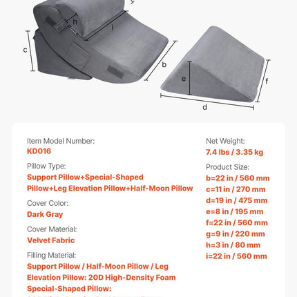 Wedge Pillow for Sleeping, 4 Pcs Adjustable Orthopedic Bed Wedge Set, Support Leg Neck Shoulder, Post Surgery Pillow for Back Pain, Acid Reflux, Snoring Relief, Sitting up in Bed, Dark Grey.