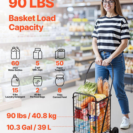 Shopping Cart, Folding Grocery Utility Cart with Swivel Wheels, 40.8 kg Large Load Capacity, Heavy Duty Rolling Laundry Basket Butler for Laundry, Shopping, Camping, Grocery, Luggage, Black.
