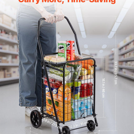 Shopping Cart, Folding Grocery Utility Cart with Swivel Wheels, 40.8 kg Large Load Capacity, Heavy Duty Rolling Laundry Basket Butler for Laundry, Shopping, Camping, Grocery, Luggage, Black.