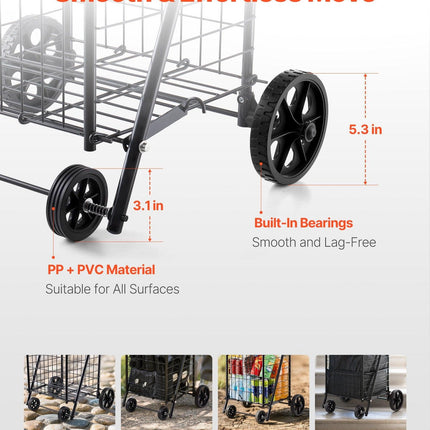 Shopping Cart, Folding Grocery Utility Cart with Swivel Wheels, 40.8 kg Large Load Capacity, Heavy Duty Rolling Laundry Basket Butler for Laundry, Shopping, Camping, Grocery, Luggage, Black.