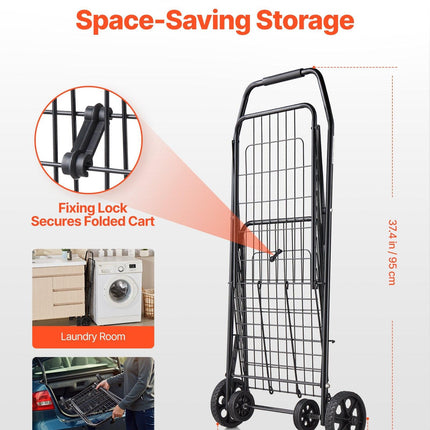 Shopping Cart, Folding Grocery Utility Cart with Swivel Wheels, 40.8 kg Large Load Capacity, Heavy Duty Rolling Laundry Basket Butler for Laundry, Shopping, Camping, Grocery, Luggage, Black.