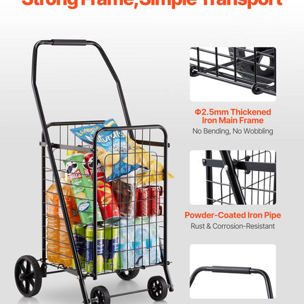 Shopping Cart, Folding Grocery Utility Cart with Swivel Wheels, 40.8 kg Large Load Capacity, Heavy Duty Rolling Laundry Basket Butler for Laundry, Shopping, Camping, Grocery, Luggage, Black.