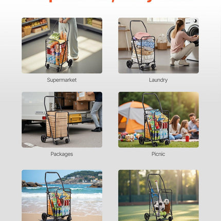 Shopping Cart, Folding Grocery Utility Cart with Swivel Wheels, 40.8 kg Large Load Capacity, Heavy Duty Rolling Laundry Basket Butler for Laundry, Shopping, Camping, Grocery, Luggage, Black.