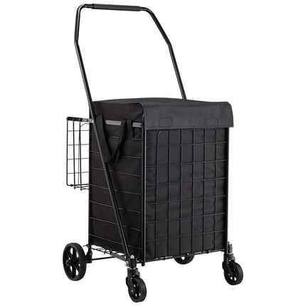 Shopping Cart, Folding Grocery Utility Cart with Dual Baskets, Waterproof Liner & Wheels, 45 KG Large Load Capacity, Heavy Duty Laundry Basket for Laundry, Shopping, Camping, Grocery, Luggage.