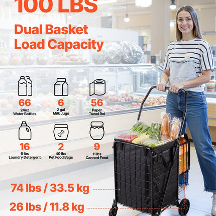Shopping Cart, Folding Grocery Utility Cart with Dual Baskets, Waterproof Liner & Wheels, 45 KG Large Load Capacity, Heavy Duty Laundry Basket for Laundry, Shopping, Camping, Grocery, Luggage.