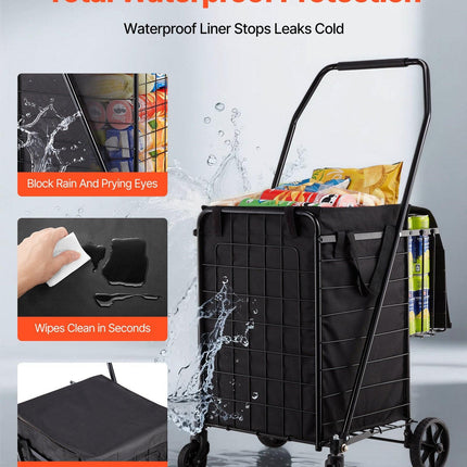 Shopping Cart, Folding Grocery Utility Cart with Dual Baskets, Waterproof Liner & Wheels, 45 KG Large Load Capacity, Heavy Duty Laundry Basket for Laundry, Shopping, Camping, Grocery, Luggage.