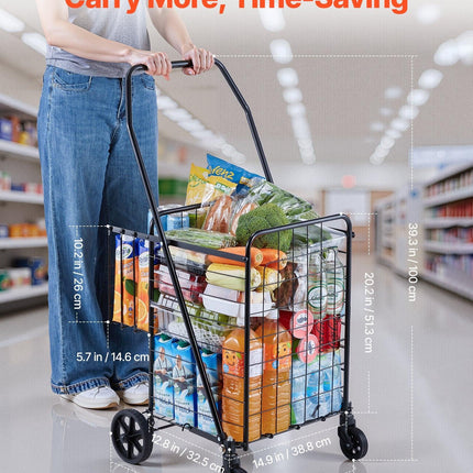 Shopping Cart, Folding Grocery Utility Cart with Dual Baskets, Waterproof Liner & Wheels, 45 KG Large Load Capacity, Heavy Duty Laundry Basket for Laundry, Shopping, Camping, Grocery, Luggage.