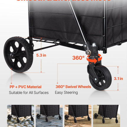 Shopping Cart, Folding Grocery Utility Cart with Dual Baskets, Waterproof Liner & Wheels, 45 KG Large Load Capacity, Heavy Duty Laundry Basket for Laundry, Shopping, Camping, Grocery, Luggage.