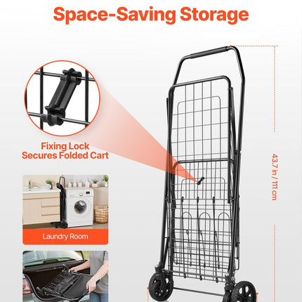 Shopping Cart, Folding Grocery Utility Cart with Dual Baskets, Waterproof Liner & Wheels, 45 KG Large Load Capacity, Heavy Duty Laundry Basket for Laundry, Shopping, Camping, Grocery, Luggage.