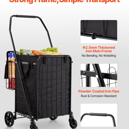 Shopping Cart, Folding Grocery Utility Cart with Dual Baskets, Waterproof Liner & Wheels, 45 KG Large Load Capacity, Heavy Duty Laundry Basket for Laundry, Shopping, Camping, Grocery, Luggage.