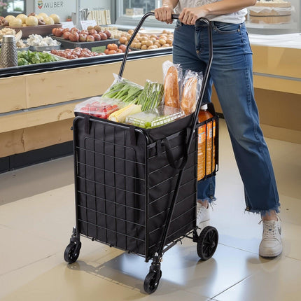 Shopping Cart, Folding Grocery Utility Cart with Dual Baskets, Waterproof Liner & Wheels, 45 KG Large Load Capacity, Heavy Duty Laundry Basket for Laundry, Shopping, Camping, Grocery, Luggage.