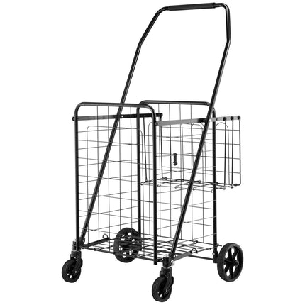 Shopping Cart, Folding Grocery Utility Cart with Dual Baskets, Waterproof Liner & Wheels, 45 KG Large Load Capacity, Heavy Duty Laundry Basket for Laundry, Shopping, Camping, Grocery, Luggage.