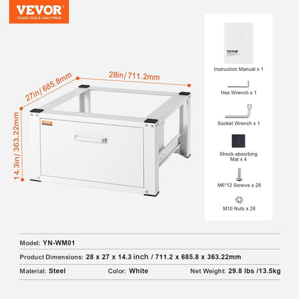 Laundry Pedestal 686mmmW x 366mmH, Washer And Dryer Base Stand Platform Universal Fit 299kg Capacity, Heavy Duty Multi-Functional Base for Washing Machine with Drawer & Rich Accessories.