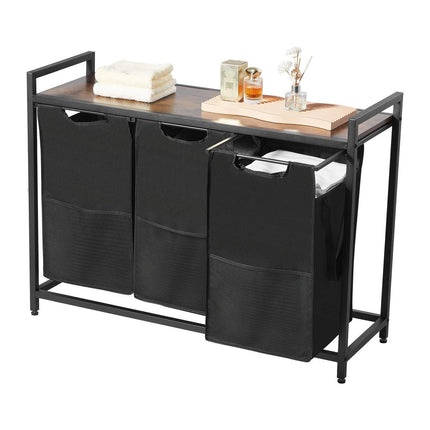 3 Section Laundry Sorter, Large Laundry Hamper with Metal Frame and Wooden Tabletop, Freestanding Storage Organizer Baskets with Pull-Out 600D Oxford Cloth Bags for Dirty Clothes, Bathroom.