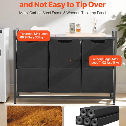 3 Section Laundry Sorter, Large Laundry Hamper with Metal Frame and Wooden Tabletop, Freestanding Storage Organizer Baskets with Pull-Out 600D Oxford Cloth Bags for Dirty Clothes, Bathroom.