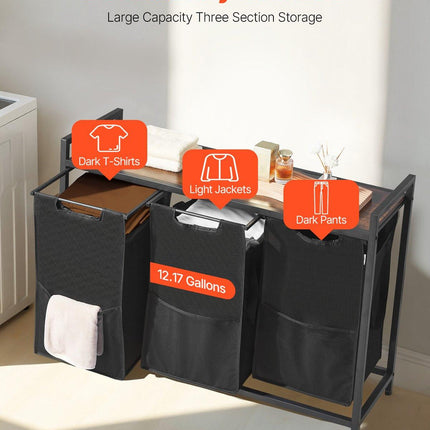 3 Section Laundry Sorter, Large Laundry Hamper with Metal Frame and Wooden Tabletop, Freestanding Storage Organizer Baskets with Pull-Out 600D Oxford Cloth Bags for Dirty Clothes, Bathroom.