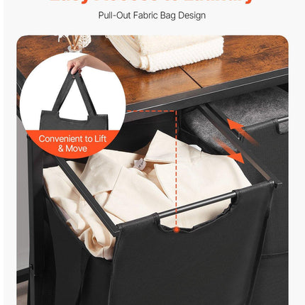3 Section Laundry Sorter, Large Laundry Hamper with Metal Frame and Wooden Tabletop, Freestanding Storage Organizer Baskets with Pull-Out 600D Oxford Cloth Bags for Dirty Clothes, Bathroom.