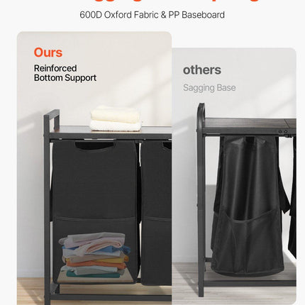 3 Section Laundry Sorter, Large Laundry Hamper with Metal Frame and Wooden Tabletop, Freestanding Storage Organizer Baskets with Pull-Out 600D Oxford Cloth Bags for Dirty Clothes, Bathroom.