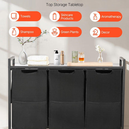 3 Section Laundry Sorter, Large Laundry Hamper with Metal Frame and Wooden Tabletop, Freestanding Storage Organizer Baskets with Pull-Out 600D Oxford Cloth Bags for Dirty Clothes, Bathroom.