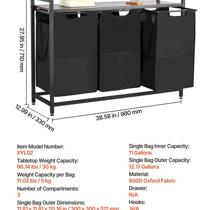 3 Section Laundry Sorter, Large Laundry Hamper with Metal Frame and Wooden Tabletop, Freestanding Storage Organizer Baskets with Pull-Out 600D Oxford Cloth Bags for Dirty Clothes, Bathroom.
