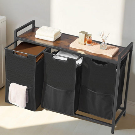 3 Section Laundry Sorter, Large Laundry Hamper with Metal Frame and Wooden Tabletop, Freestanding Storage Organizer Baskets with Pull-Out 600D Oxford Cloth Bags for Dirty Clothes, Bathroom.