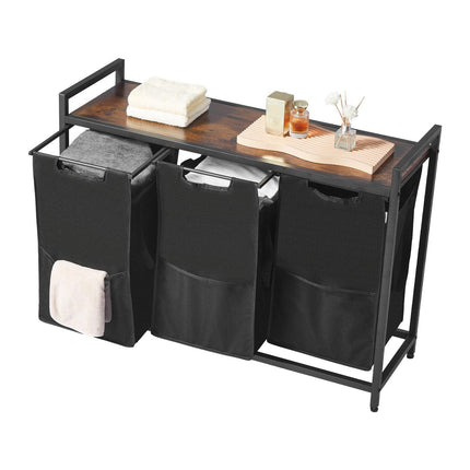 3 Section Laundry Sorter, Large Laundry Hamper with Metal Frame and Wooden Tabletop, Freestanding Storage Organizer Baskets with Pull-Out 600D Oxford Cloth Bags for Dirty Clothes, Bathroom.