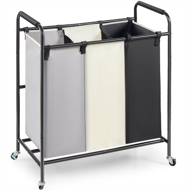 3-Section Laundry Basket, Heavy Duty Laundry Hamper Storage Organizer, Laundry Sorter Cart with Heavy Duty Lockable Wheels for Dirty Clothes in Laundry Room Bedroom.