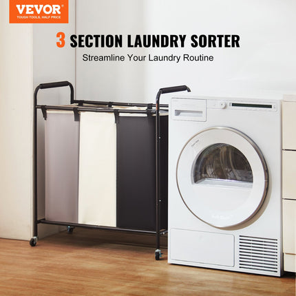 3-Section Laundry Basket, Heavy Duty Laundry Hamper Storage Organizer, Laundry Sorter Cart with Heavy Duty Lockable Wheels for Dirty Clothes in Laundry Room Bedroom.