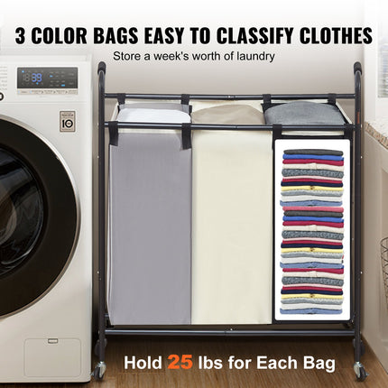 3-Section Laundry Basket, Heavy Duty Laundry Hamper Storage Organizer, Laundry Sorter Cart with Heavy Duty Lockable Wheels for Dirty Clothes in Laundry Room Bedroom.