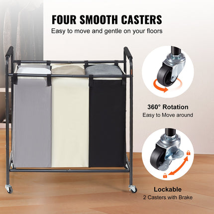 3-Section Laundry Basket, Heavy Duty Laundry Hamper Storage Organizer, Laundry Sorter Cart with Heavy Duty Lockable Wheels for Dirty Clothes in Laundry Room Bedroom.