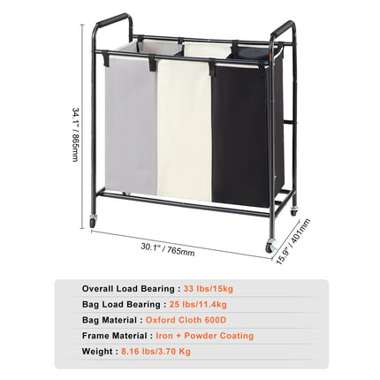 3-Section Laundry Basket, Heavy Duty Laundry Hamper Storage Organizer, Laundry Sorter Cart with Heavy Duty Lockable Wheels for Dirty Clothes in Laundry Room Bedroom.