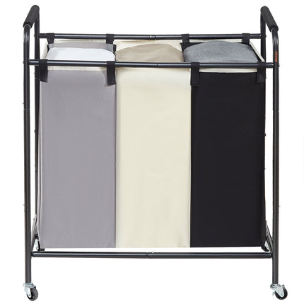 3-Section Laundry Basket, Heavy Duty Laundry Hamper Storage Organizer, Laundry Sorter Cart with Heavy Duty Lockable Wheels for Dirty Clothes in Laundry Room Bedroom.