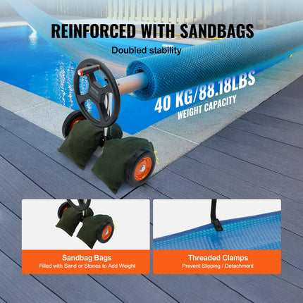 Pool Cover Reel, Aluminum Solar Cover Reel 22 ft, Inground Swimming Pool Cover Reel Set with Rubber Wheels and Sandbags, Fits for 5-22 ft Width Swimming Pools.