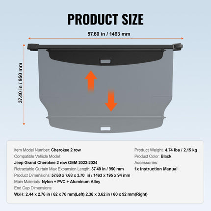 Retractable Cargo Cover for Jeep Grand Cherokee 2 Row 2022-2024 OEM Design.