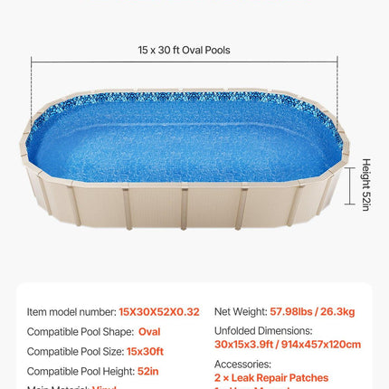 Oval Pool Liner 15x30ft Unibead Style Pool Liner 52in Wall Height.