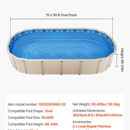 Oval Pool Liner 15x30ft Overlap Style Pool Liner 54in Wall Height.