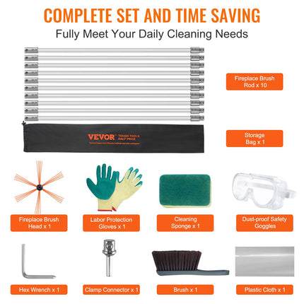 10 m Chimney Sweep Kit, w/ 10 Reinforced Nylon Flexible Rods, Ergonomic Chimney Cleaning Brush, 360-Degree Brush Chimney Cleaner, Rich Accessories for Fireplace Flue Home Use Fits most Pipes.
