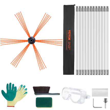 12 m Chimney Sweep Kit, w/ 12 Reinforced Nylon Flexible Rods, Ergonomic Chimney Cleaning Brush, 360-Degree Brush Chimney Cleaner, Rich Accessories for Fireplace Flue Home Use Fits most Pipes.