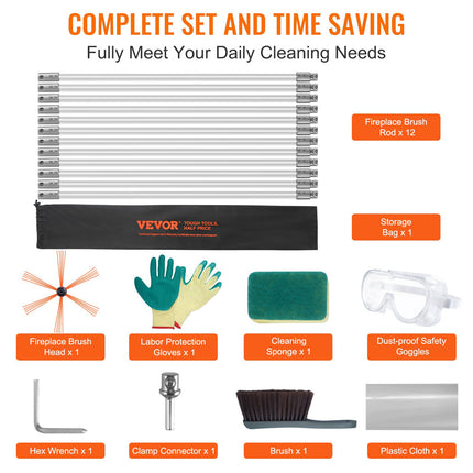 12 m Chimney Sweep Kit, w/ 12 Reinforced Nylon Flexible Rods, Ergonomic Chimney Cleaning Brush, 360-Degree Brush Chimney Cleaner, Rich Accessories for Fireplace Flue Home Use Fits most Pipes.