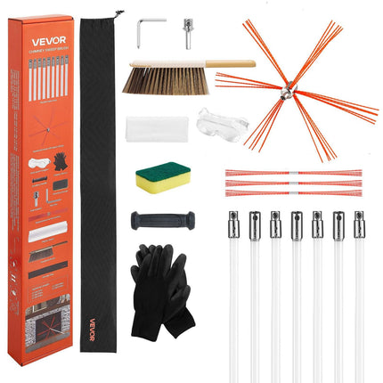 Chimney Sweep Kit, 7m Maximum Extendable Length Chimney Brush, Chimneys Cleaning Kit with Bristle Replacements & Goggles, 90° Bendable Fireplace Cleaning Tool, for Square, Rectangle Chimneys.