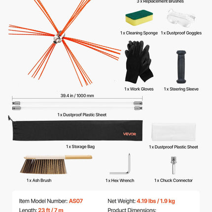 Chimney Sweep Kit, 7m Maximum Extendable Length Chimney Brush, Chimneys Cleaning Kit with Bristle Replacements & Goggles, 90° Bendable Fireplace Cleaning Tool, for Square, Rectangle Chimneys.