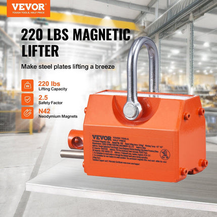 Magnetic Lifter, 100 kg/220 lbs Pulling Capacity, 2.5 Safety Factor, Neodymium & Steel, Lifting Magnet with Release, Permanent Lift Magnets, Heavy Duty Magnet for Hoist, Shop Crane, Block, Board.