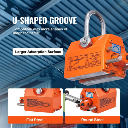 Magnetic Lifter, 100 kg/220 lbs Pulling Capacity, 2.5 Safety Factor, Neodymium & Steel, Lifting Magnet with Release, Permanent Lift Magnets, Heavy Duty Magnet for Hoist, Shop Crane, Block, Board.