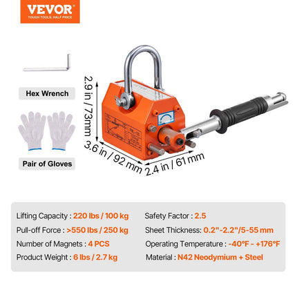 Magnetic Lifter, 100 kg/220 lbs Pulling Capacity, 2.5 Safety Factor, Neodymium & Steel, Lifting Magnet with Release, Permanent Lift Magnets, Heavy Duty Magnet for Hoist, Shop Crane, Block, Board.