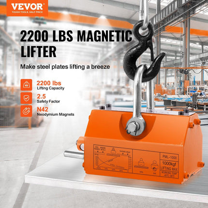 VEVOR Magnetic Lifter, 1000kg Pulling Capacity, 2.5 Safety Factor, Neodymium & Steel, Lifting Magnet with Release, Permanent Lift Magnets, Heavy Duty Magnet for Hoist, Shop Crane, Block, Board.