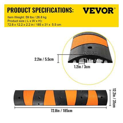 VEVOR Rubber Speed Bump, 1 Pack 2 Channel Speed Bump Hump, 72.8\" Long Modular Speed Bump Rated 22000 LBS Load Capacity, 72.8 x 12.2 x 2.2 Garage Speed Bump for Asphalt Concrete Gravel Driveway-6 FT.