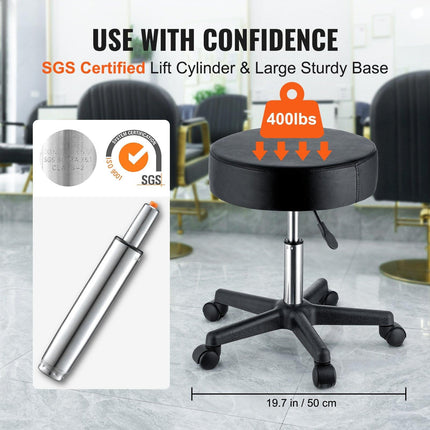 Rolling Stools with Wheels, 400 LBS Weight Capacity Adjustable Height Stool with Ultra-Thick Seat Cushion, Swivel Stools Chair for Salon, Bar, Home, Office, Tatoo, Medical, Massage, Black.