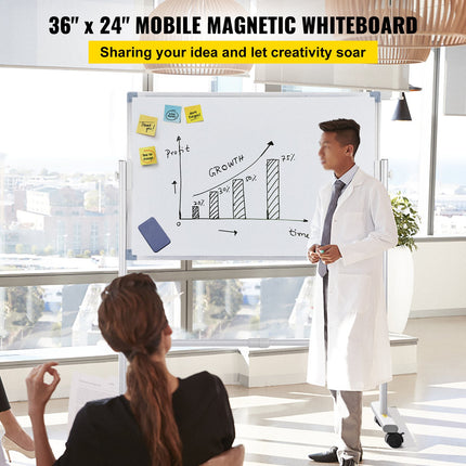 Mobile Dry Erase Board Magnetic Whiteboard w/ Stand 60 x 90cm Double Sided.