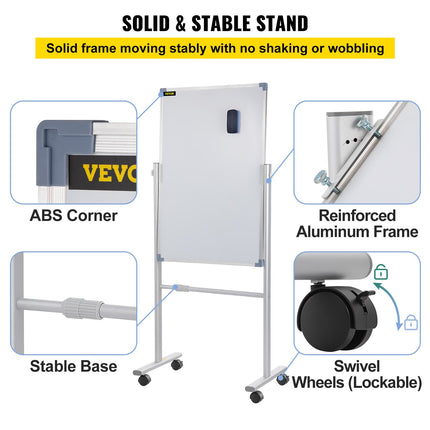 Mobile Dry Erase Board Magnetic Whiteboard w/ Stand 60 x 90cm Double Sided.